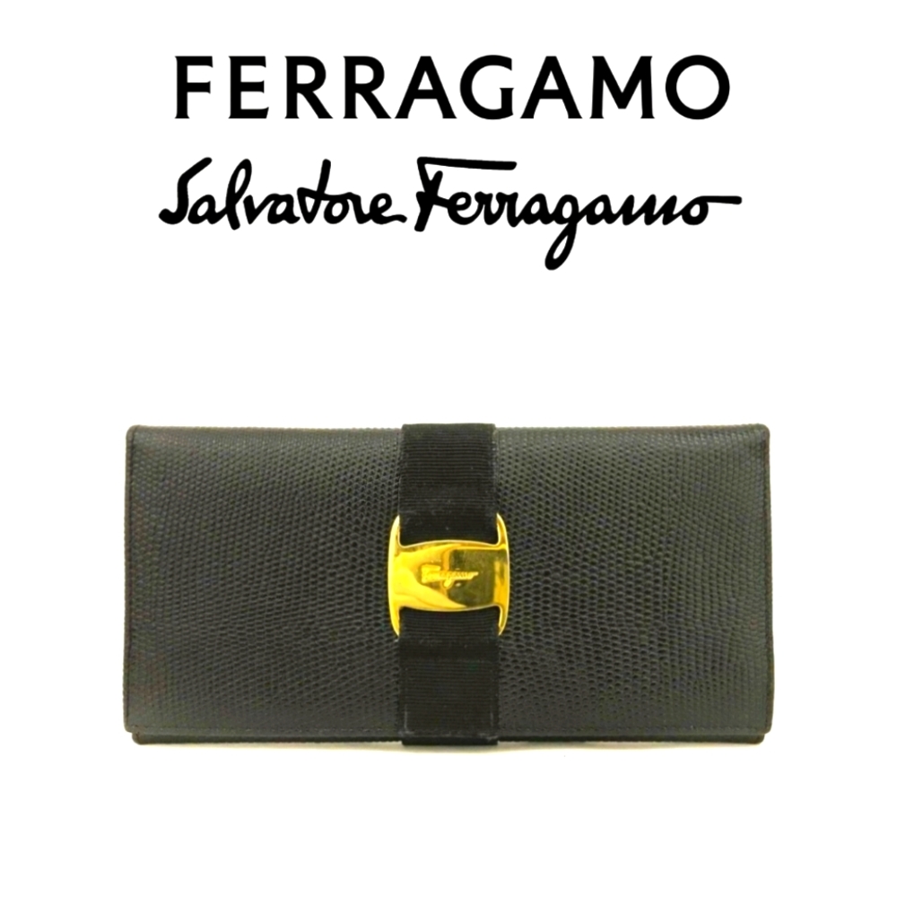 🔥💯 AUTH SALVATORE FERRAGAMO VALA EMBOSSED LIZARD LEATHER BIFOLD LONG WALLET